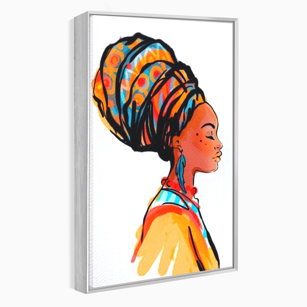 Tablou canvas cu ilustratie digitala cu profil de femeie, in rama de aluminiu argintiu